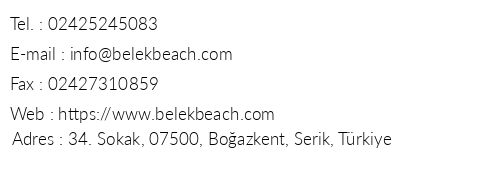 Belek Beach Resort Hotel telefon numaraları, faks, e-mail, posta adresi ve iletişim bilgileri